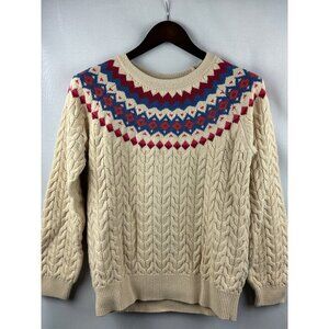 Appleseeds Petite Cable Knit Sweater PM Cream With Multicolor Fair Isle Pattern